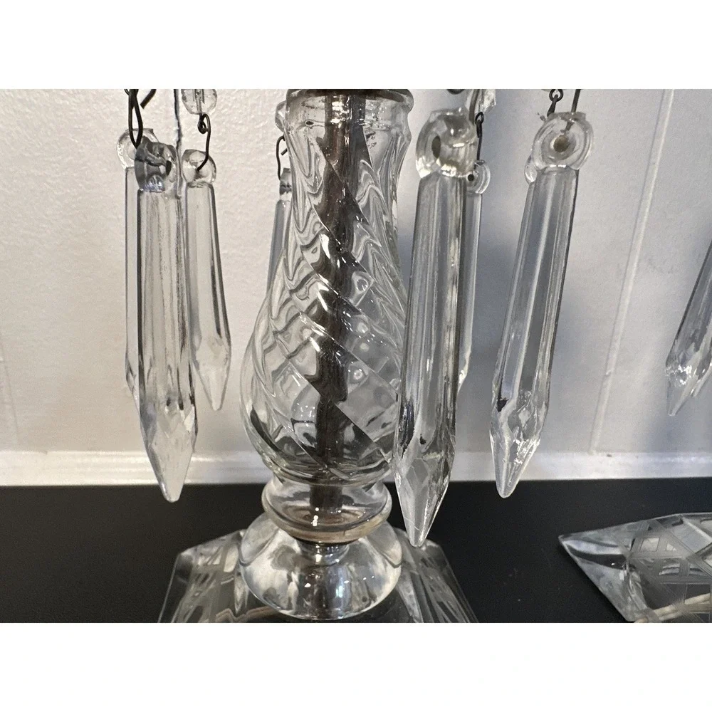 Pair of Large Cut Etched Crystal‎ Hurricane Lustre Mantle Lamps Drop Prisms